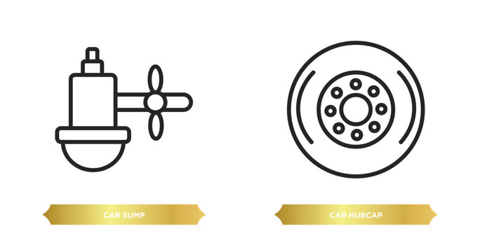 two editable outline icons from car parts concept. thin line icons such as car sump, car hubcap vector.