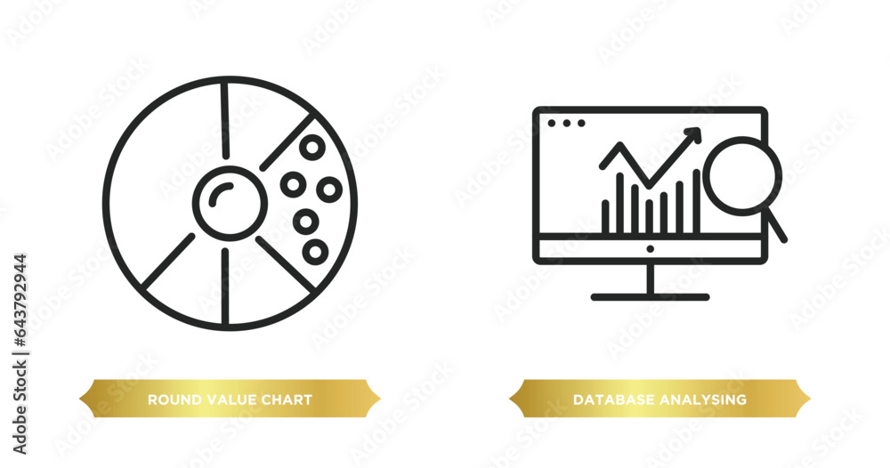 Poster two editable outline icons from business and analytics concept. thin line icons such as round value 