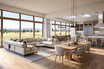 Modern dining area in living room home interior with beautiful meadow field views and open floor layout