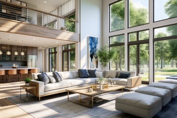 Nature Fall Views in Living Room Interior with Styled Furniture and Loft Above on Second Floor with Blue Wall Art