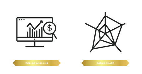 two editable outline icons from business and analytics concept. thin line icons such as dollar analysis bars, radar chart vector.