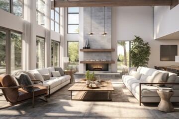Loft Style Modern Family Room with Double White Linen Sofas and Grey Stone Fireplace with Wooden Shelves
