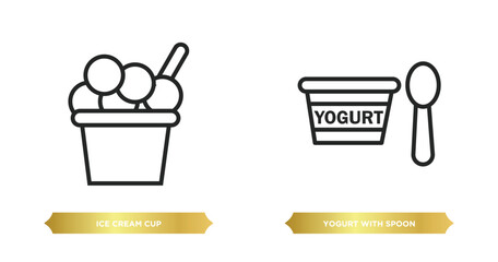two editable outline icons from bistro and restaurant concept. thin line icons such as ice cream cup, yogurt with spoon vector.