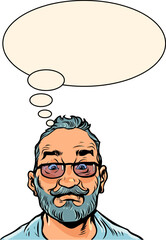 Thinking about potential benefits. The customer is thinking about buying. An adult man with a beard in glasses is thinking about something. Pop Art Retro