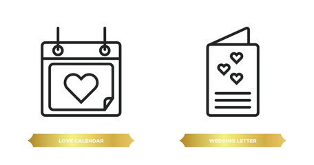two editable outline icons from birthday and party concept. thin line icons such as love calendar, wedding letter vector.