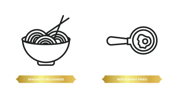 two editable outline icons from bistro and restaurant concept. thin line icons such as spaghetti bolognese, restaurant fried egg vector.