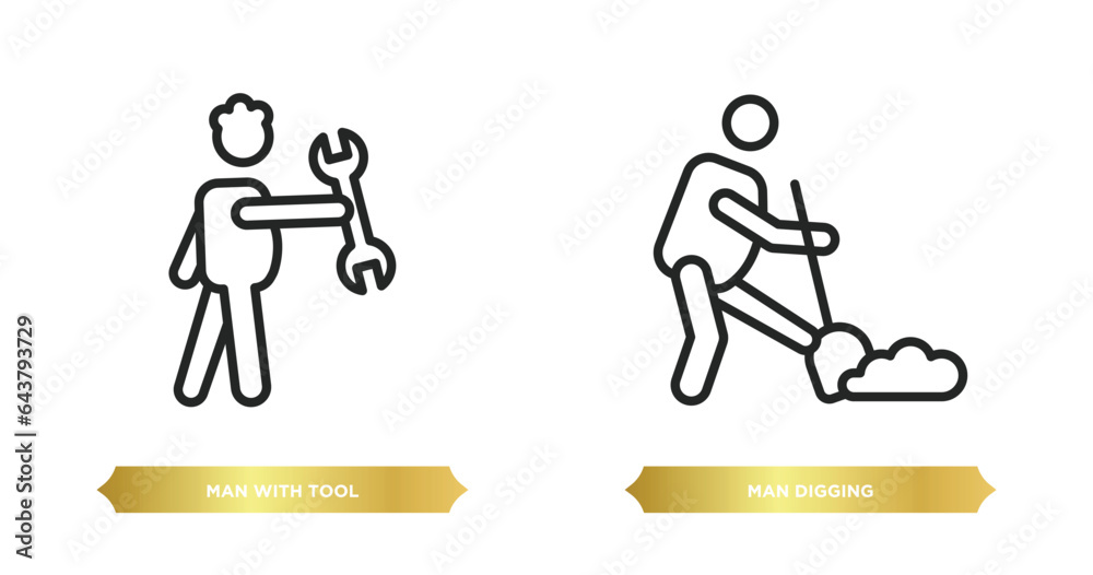 Poster two editable outline icons from behavior concept. thin line icons such as man with tool, man digging