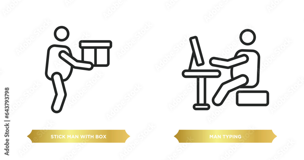 Poster two editable outline icons from behavior concept. thin line icons such as stick man with box, man ty