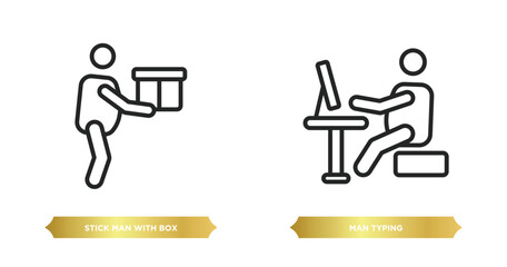 two editable outline icons from behavior concept. thin line icons such as stick man with box, man typing vector.