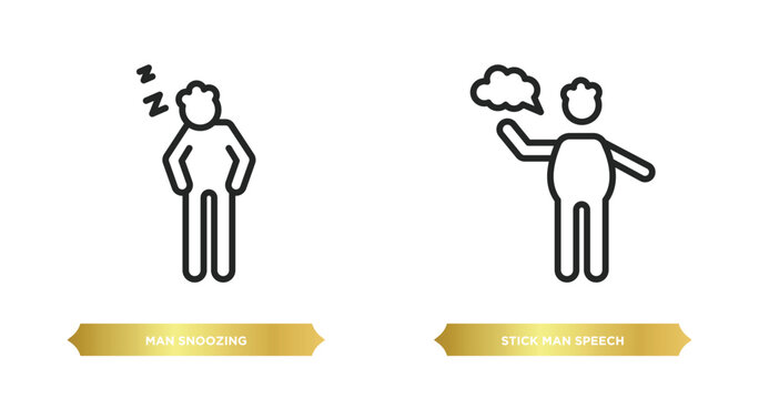 two editable outline icons from behavior concept. thin line icons such as man snoozing, stick man speech vector.