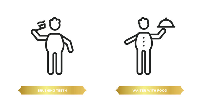 two editable outline icons from behavior concept. thin line icons such as brushing teeth, waiter with food tray vector.