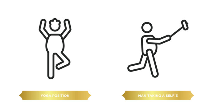 two editable outline icons from behavior concept. thin line icons such as yoga position, man taking a selfie vector.