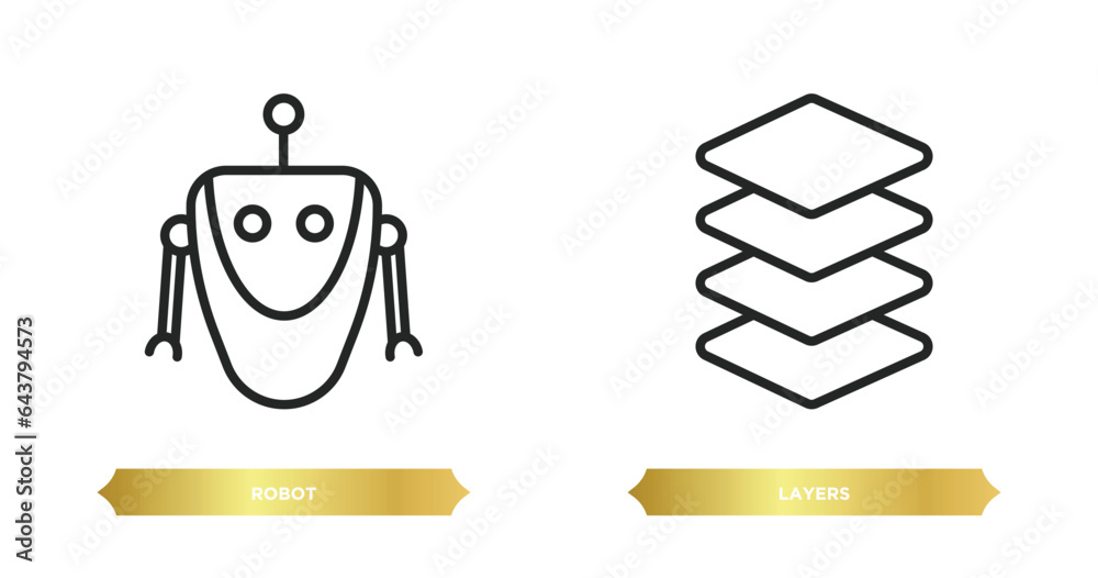 Poster two editable outline icons from artificial intelligence concept. thin line icons such as robot, laye