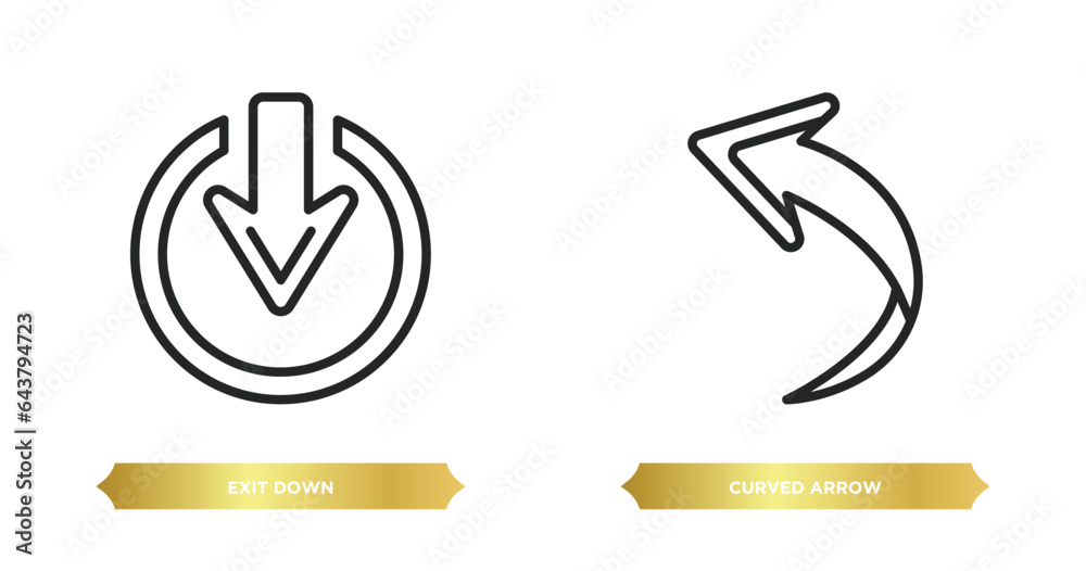 Poster two editable outline icons from arrows concept. thin line icons such as exit down, curved arrow vect