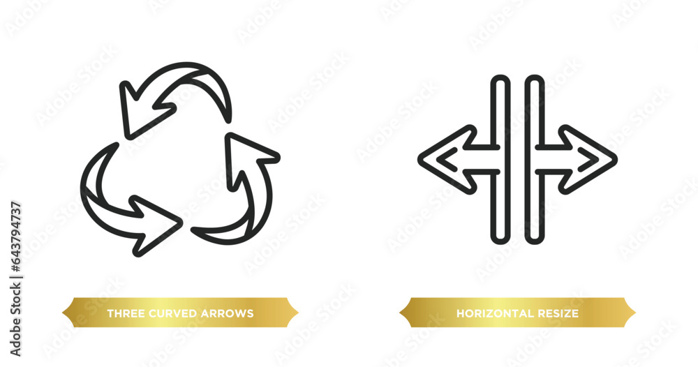 Poster two editable outline icons from arrows concept. thin line icons such as three curved arrows, horizon