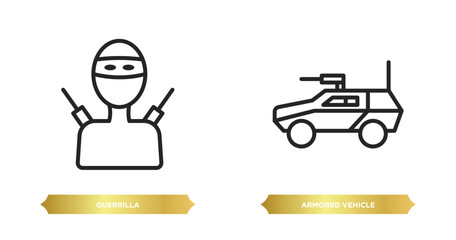 two editable outline icons from army and war concept. thin line icons such as guerrilla, armored vehicle vector.