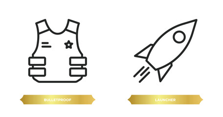 two editable outline icons from army and war concept. thin line icons such as bulletproof, launcher vector.