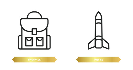 two editable outline icons from army and war concept. thin line icons such as backpack, missile vector.