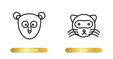 two editable outline icons from animals concept. thin line icons such as philippine tarsier, ferret vector.