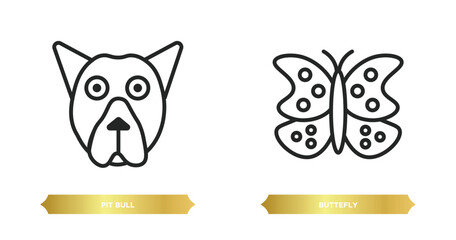 two editable outline icons from animals concept. thin line icons such as pit bull, buttefly vector.