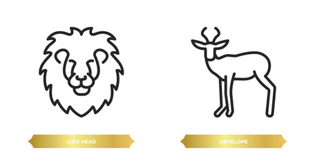 two editable outline icons from animals concept. thin line icons such as lion head, antelope vector.