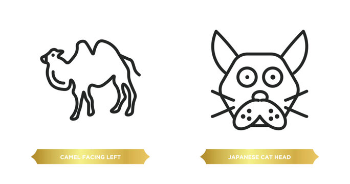 two editable outline icons from animals concept. thin line icons such as camel facing left, japanese cat head vector.