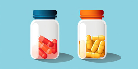 Two pill bottles with two different colored pills