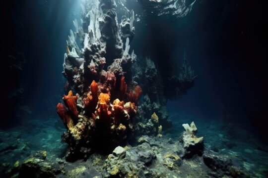 hydrothermal vent in contrast with dark ocean floor