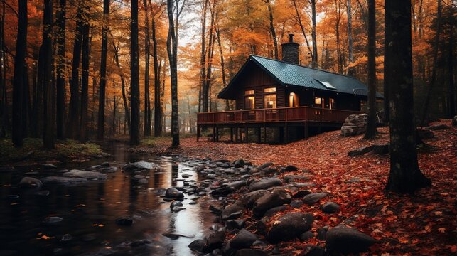  a cabin in the woods with a stream running through it.  generative ai