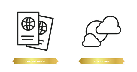 two editable outline icons from airport terminal concept. thin line icons such as two passports, cloudy day vector.