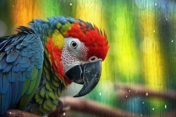 parrot preening with blurred tropical background