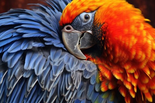 close-up of a colorful parrot preening its feathers