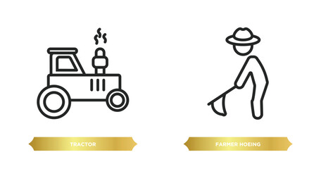 two editable outline icons from agriculture farming concept. thin line icons such as tractor, farmer hoeing vector.