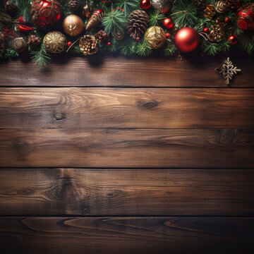 Fondo con detalle y textura de superficie de madera de tonos oscuros, con hojas y adornos de navidad de tonos dorados y rojos