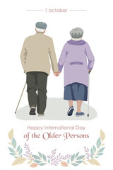 Postcard Happy  Day of the Older Persons, elderly couple holding hands, with an inscription. Vector design