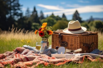 picnic basket with blanket and sun hat on grassy field
