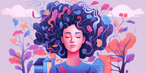 Mindfulness illustrated with vibrant plants flowing through woman's hair, connected to all things