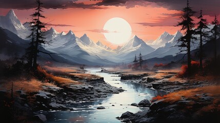 Watercolour illustration of a moutain landscape with a river at sunset, artistic modern and simple background