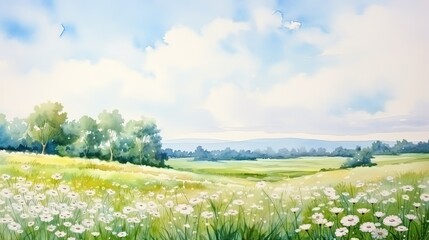 Watercolour illustration of a green field landscape, artistic modern and simple background