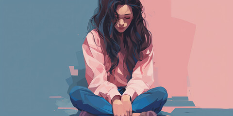 Depressed teem girl against two colored background showing duality