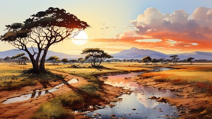 Watercolour illustration of an african landscape of the savanna, artistic modern and simple background - obrazy, fototapety, plakaty