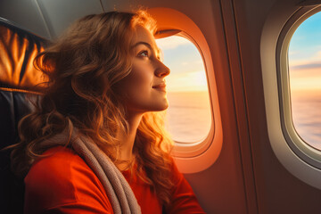 Smiling redhead woman sitting on passenger seat, airplane.