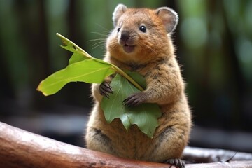 quokka with cheeks full of leaves, mid-chew