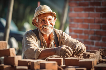 Older smiling bricklayer worker with hat placing bricks on cement