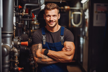 Portrait of smiling handsome plumber - obrazy, fototapety, plakaty
