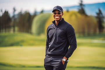 Smiling African American man in cap and sunglasses standing on golf course