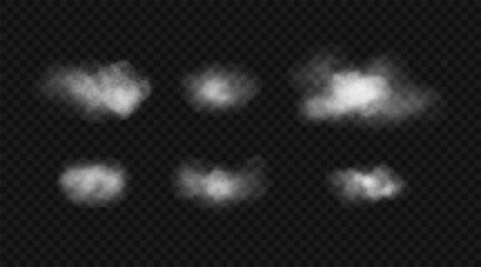 White clouds of smoke, fog, mist flow isolated on transparent backdrop. Set of vector design elements in realistic style.