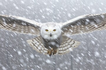 snowy owl in flight, hunting in a snowstorm