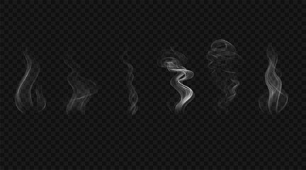 Set of white smoke waves. Vector design elements. Steam from food or hot drink isolated on transparent background - obrazy, fototapety, plakaty