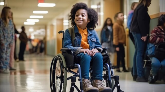 Photo captures the spirit of an African American elementary school student with a disability who is beaming with joy while sitting in a wheelchair in a school hallway.